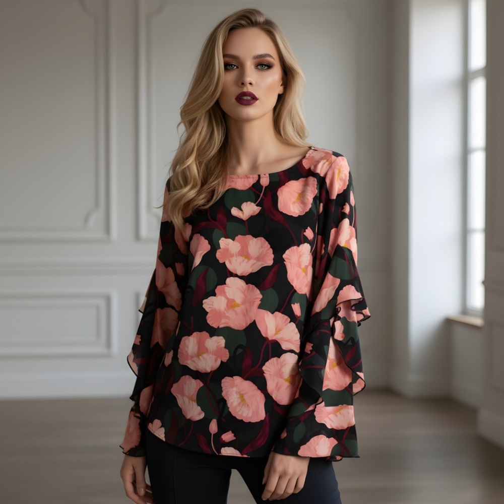 Ann Taylor Floral Bell-Sleeve Blouse | Pink & Green Botanical Print | Work | XS